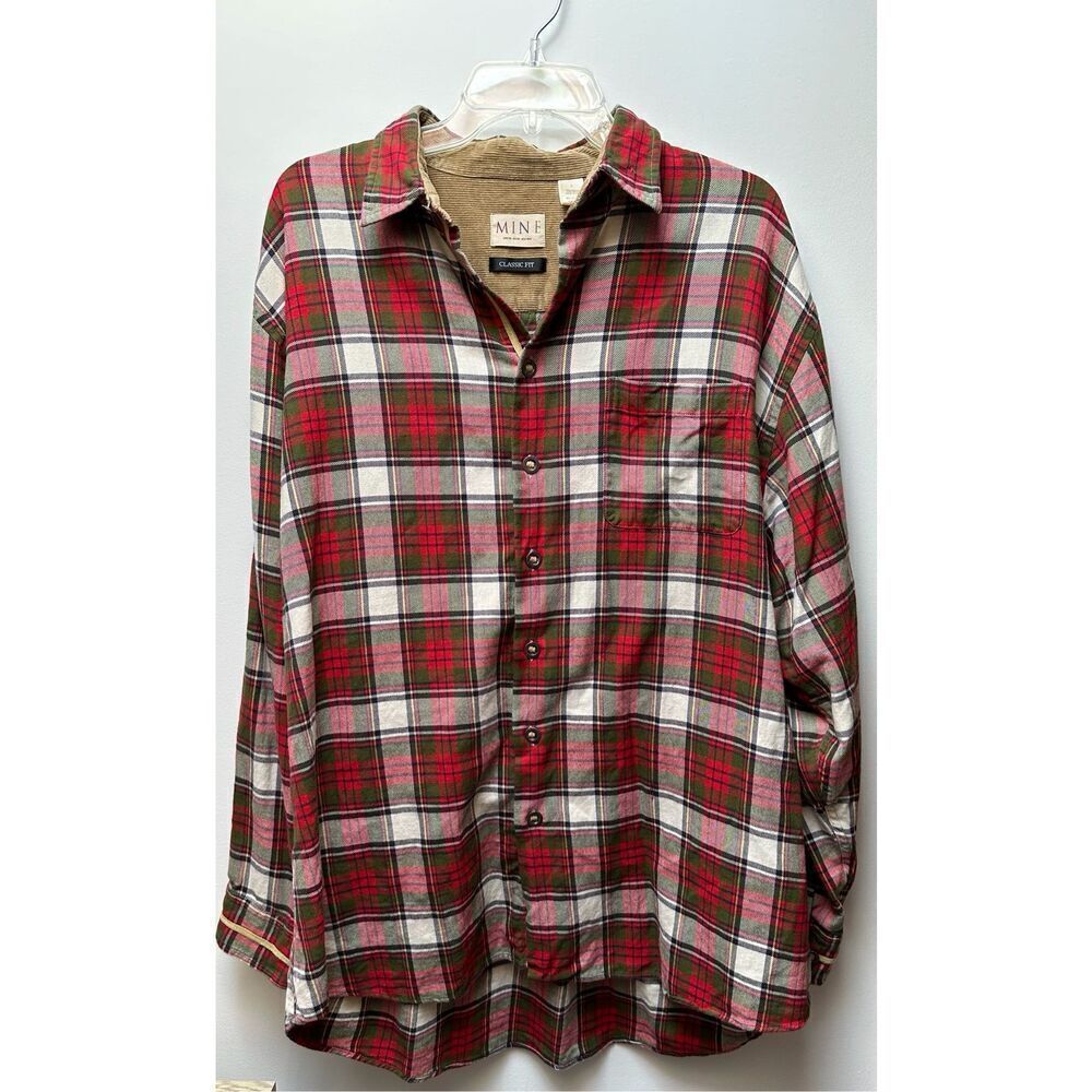 MINE London Milan NY men’s red plaid long sleeve button shirt size L #11-1270